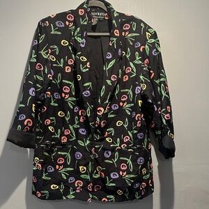 Adolfo International Vintage Black Floral Linen cotton Oversize Blazer Size L